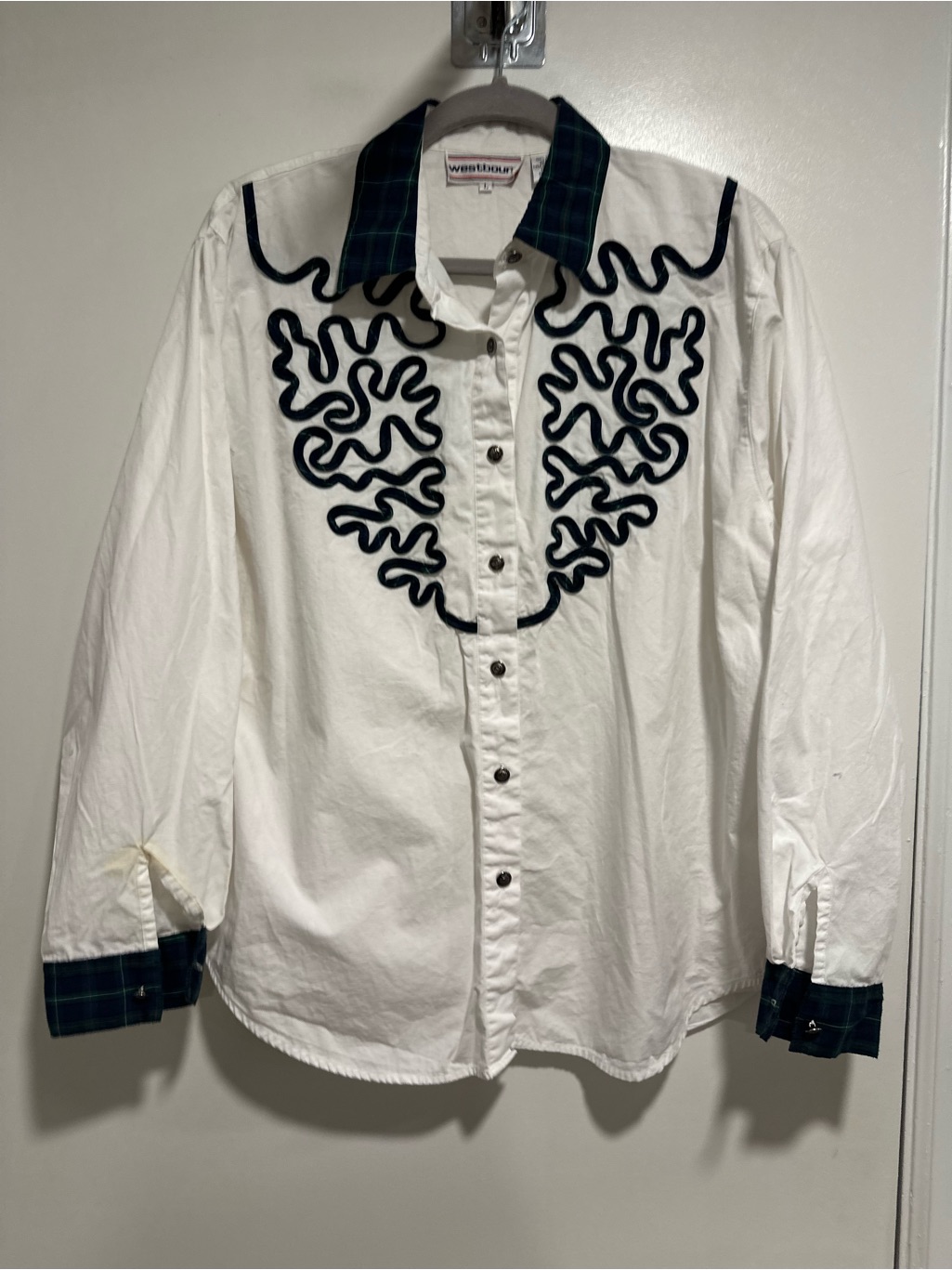 Vtg Westbound Roper Sz: L Cotton Western Rodeo Shirt Plaid Embroidery Squiggle.